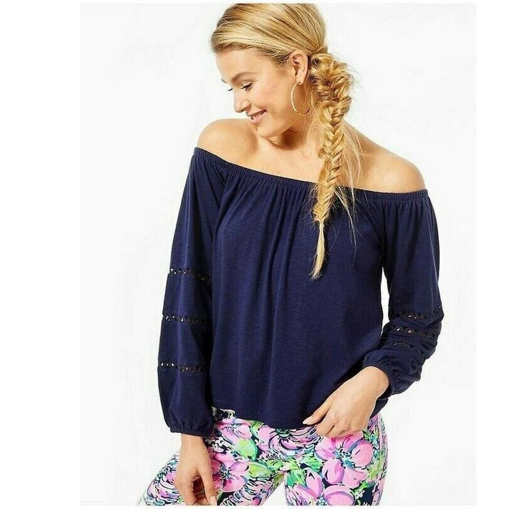 Lilly Pulitzer Katt Off The Shoulder Lace Cutouts Sleeve Blouse in Navy Size XL